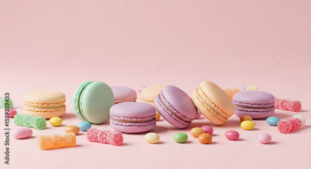 Obraz premium Assortment of vibrant macarons and candies on a pastel pink surface.