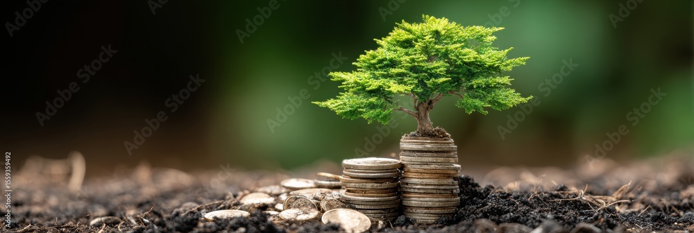 Fototapeta premium Tree Flourishes From Soil of Coins Representing Financial Growth and Literacy in a Symbolic Outdoor Setting