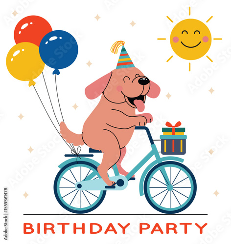 Birthday party invitation with happy dog ​​riding a bicycle with colorful balloons and a gift under the rays of a smiling sun
