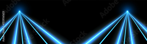 Blue laser beams, concert or nightclub spotlights light effect. Lasers in motion, abstract perspective background. Vector illustration.