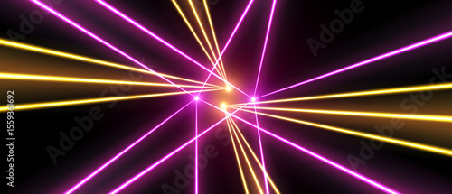 Laser rays or beams, glowing neon lines, bright futuristic background. Motion or speed light effect. Concert or nightclub spotlights. Vector illustration.