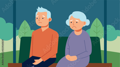 An elderly couple sitting on a porch swing with the husband staring off into the distance and the wife looking concerned lost in thought.. Vector illustration