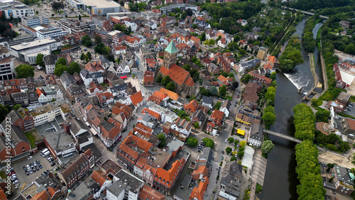 Aerial view of the old town of the city Rheine in Germany on an overcast day in afternoon