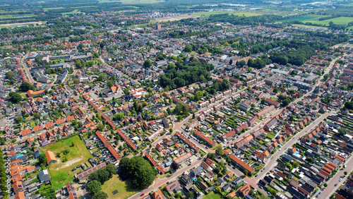 Aerial view of the old town of the city Wolvega in the Netherlands on a sunny day in summer	