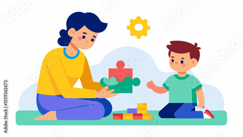 A volunteer spending time with a child with autism engaging them in activities that promote sensory stimulation and cognitive development.. Vector illustration
