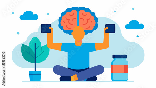 An image of a person doing brain exercises with a bottle of brain health supplements in the corner promoting them as a complementary tool in brain training and enhancing cognitive. Vector illustration