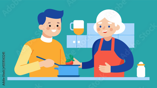 A volunteer cooking with an elderly individual promoting sensory stimulation and reminiscing for improved mental wellbeing.. Vector illustration