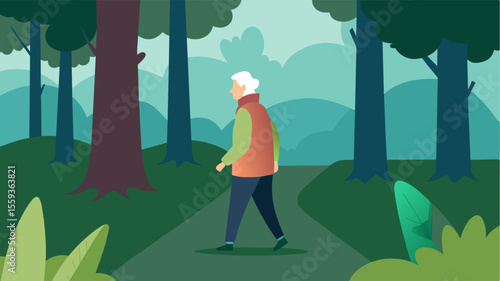 An elderly person taking a mindful walk in the woods noticing the intricate details of the natural world and finding a sense of peace and wonder.. Vector illustration