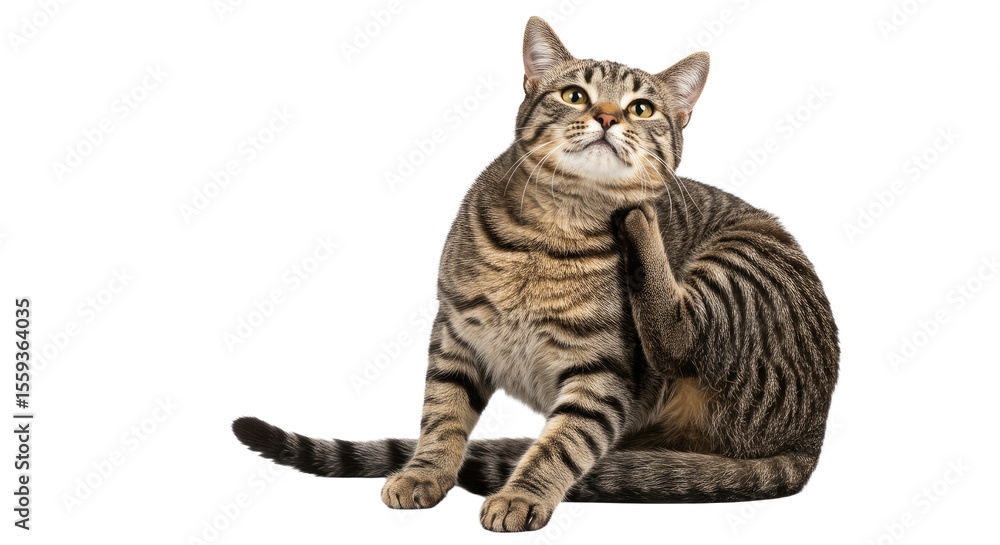 Fototapeta premium Tabby Cat Scratching Itself Isolated on White.