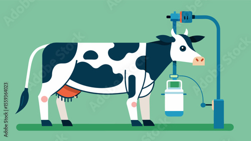A robotic milking machine seamlessly attaches to a cows udder gently stimulating milk production without any human intervention.. Vector illustration