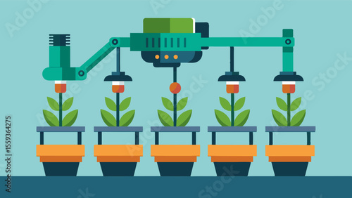 An automated transplanting machine equipped with adjustable arms and grippers making it suitable for a wide range of plant sizes and types.. Vector illustration