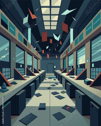 A deserted trading floor normally bustling with activity now eerily quiet after the chaos of the stock market crash.. Vector illustration