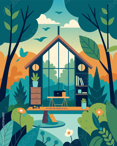 Settle into this idyllic garden loft where you can be productive a the peaceful sounds of birds and rustling leaves.. Vector illustration