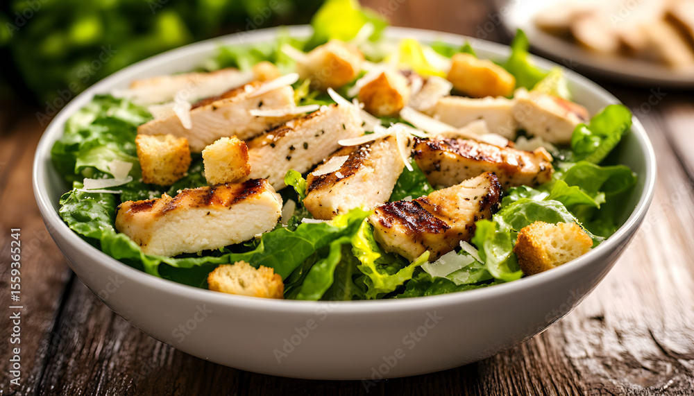Caesar salad with chicken and greens on wooden table Caesar salad with chicken and greens on wooden table