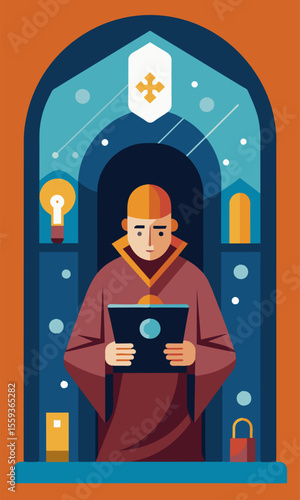 Hidden away in a secret alcove within the towns monastery a monk diligently manages his digital correspondence and online teachings.. Vector illustration