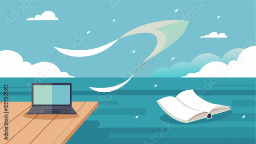The sea breeze whips through ruffling the pages of a notebook connected to a laptop sitting on the edge of a wooden pier.. Vector illustration