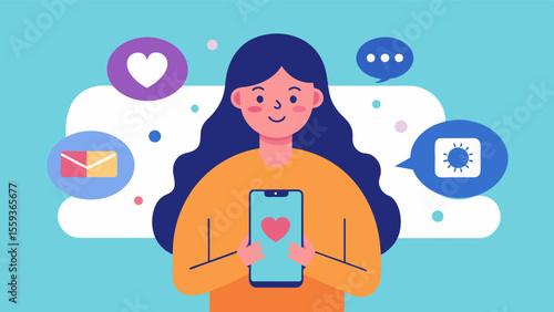 A woman holding a smartphone with a mental health app tracking her moods and providing her with exercises and strategies for managing her bipolar disorder.. Vector illustration