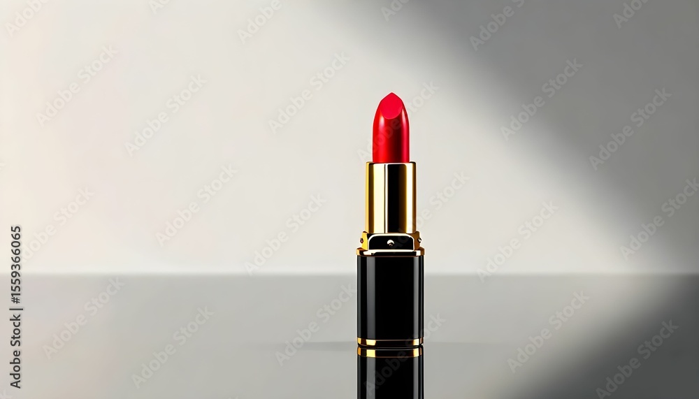 A single, classic red lipstick stands upright on a reflective surface, illuminated by a soft light. A single, classic red lipstick stands upright on a reflective surface, illuminated by a soft light.