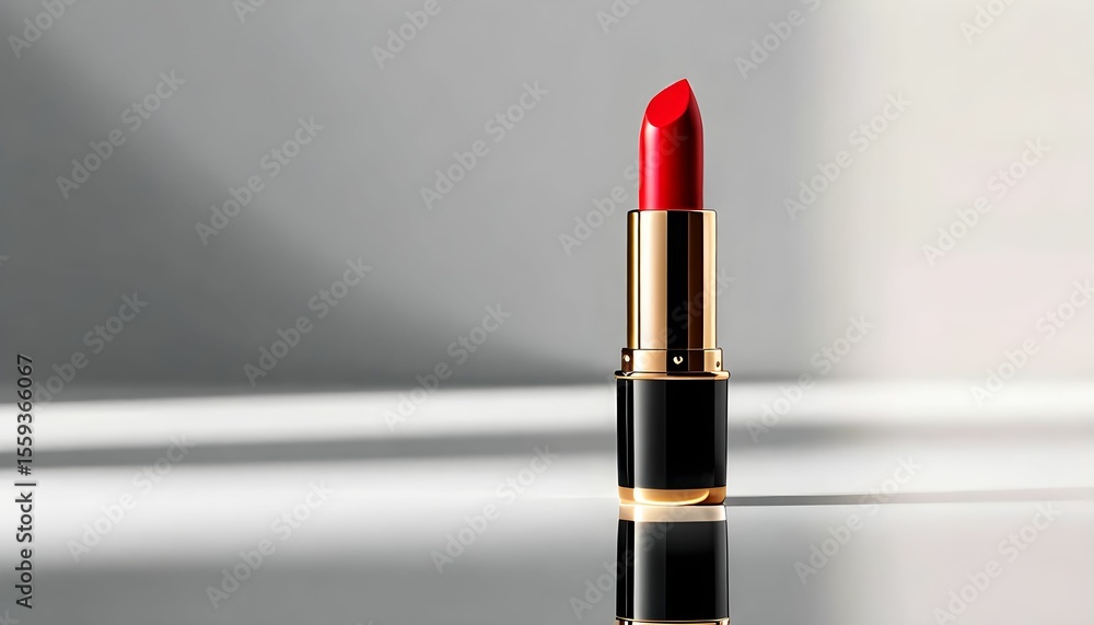 A single red lipstick stands upright, showcasing its vibrant color and elegant design against a soft, shadowed backdrop. A single red lipstick stands upright, showcasing its vibrant color and elegant design against a soft, shadowed backdrop.