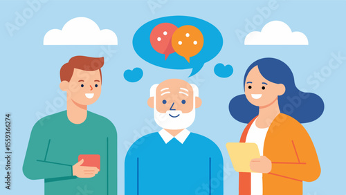 An elderly man and his caregiver attending a brain health support group surrounding themselves with others who are also actively working to maintain their brain health and prevent. Vector illustration