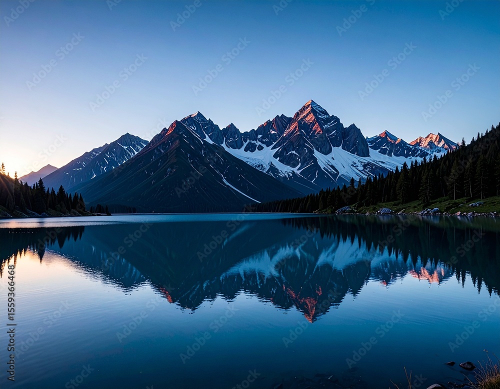 Naklejka premium beautiful calm water reflection of beautiful mountain ranges