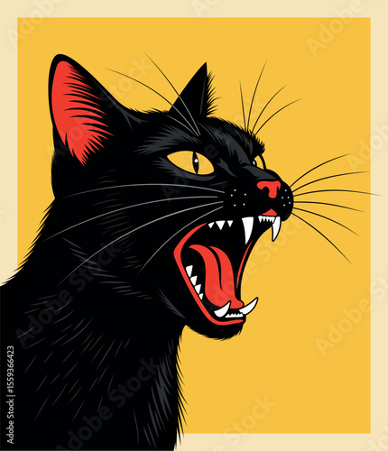 A screaming angry black cat. Retro vector illustration for poster design.