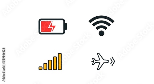 A collection of four icons depicting battery charging wifi signal strength and airplane mode symbols shown