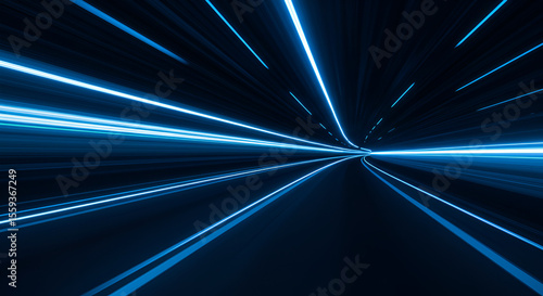 Abstract futuristic light trails on dark blue background, representing speed and motion
