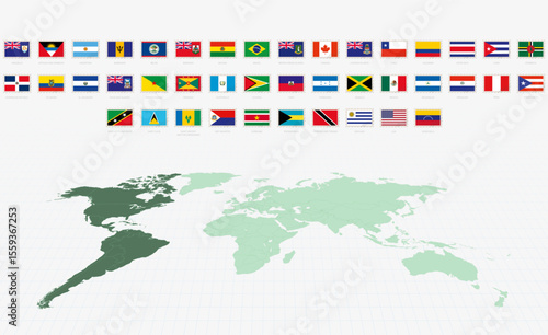 National Flags of the American countries, Postage Flag Set. American Flags with World Map.