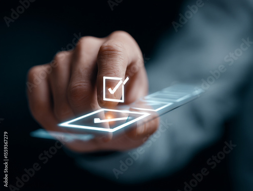 Digital Checklists for efficient business management, Businessman touching marking on checklist guide to paperless assessment and Future Success, Streamlining operations with online surveys