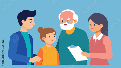 Adult children having a conversation with their elderly parents about their living wills and assigning power of attorney for healthcare decisions.. Vector illustration