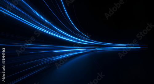 Abstract light trails in blue on a black background, representing speed and technology