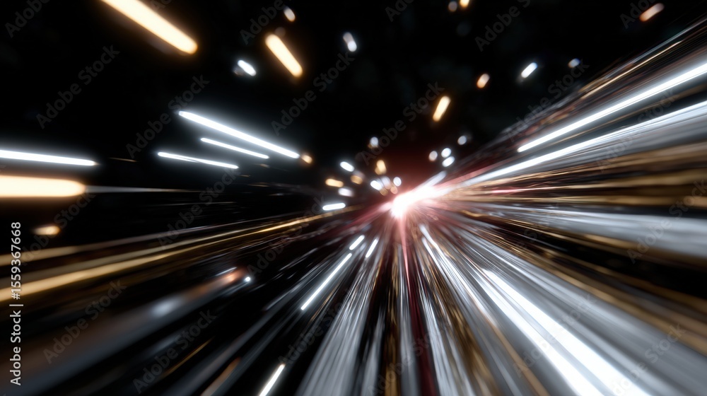Obraz premium Abstract light streaks creating a dynamic, futuristic motion effect against a dark background, resembling a warp speed or hyperspace travel scene.