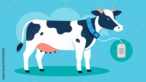 A smart collar worn by a dairy cow records data such as milk production feeding patterns and rumination allowing for early detection of any health issues.. Vector illustration