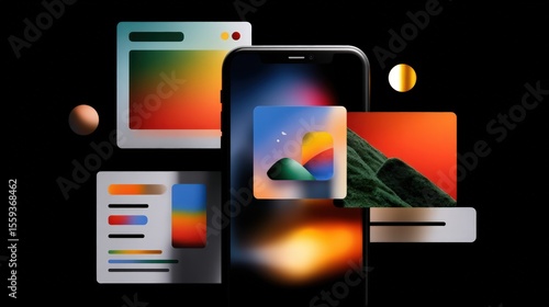 Abstract digital art featuring a smartphone with colorful app interfaces and geometric shapes on a dark background.