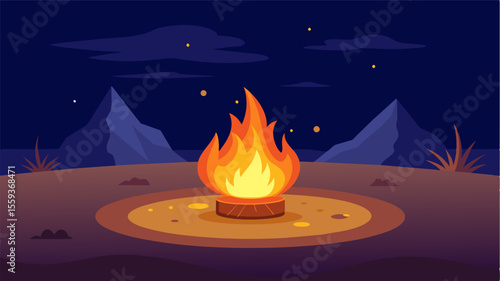 The glowing embers of a bonfire crackled in the center of the oasis providing warmth and light as the workers continued their tasks into the evening hours.. Vector illustration
