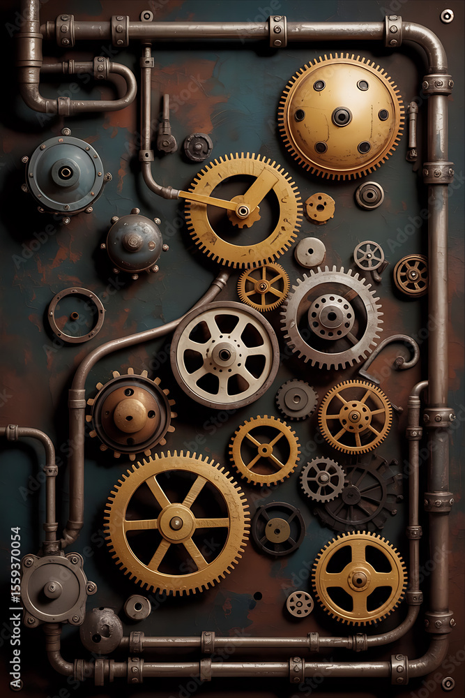 Fototapeta premium Ornate steampunk gears and pipes, intricate mechanical design.