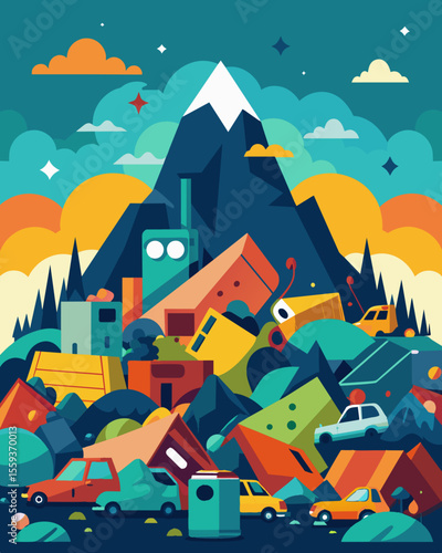 A landscape dominated by heaps of surplus items creating a chaotic and overwhelming sight.. Vector illustration