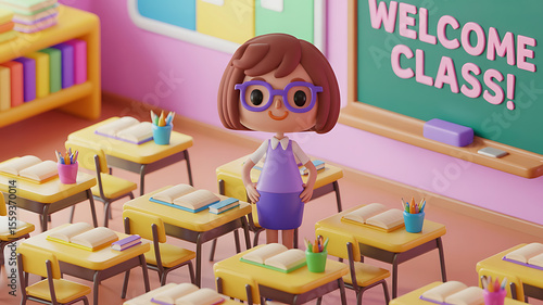 Teacher stands in classroom, ready for class.
