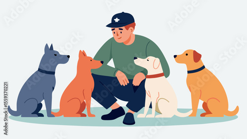A veteran with PTSD sitting on the floor surrounded by therapy dogs finding comfort and companionship as they share their experiences and struggles with their furry friends.. Vector illustration