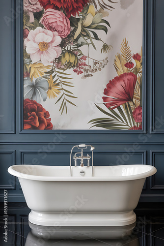 Elegant, floral wallpaper surrounds a classic clawfoot tub.
