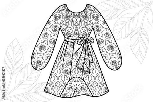 Ornate, patterned dress with long sleeves and a tie waist.
