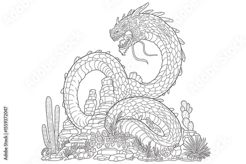 Large serpent dragon rests atop desert landscape.