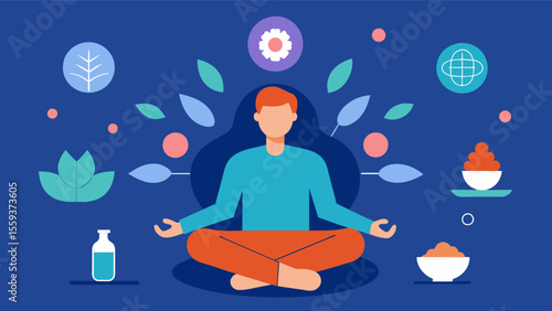 An image of a person in a therapy session with a variety of holistic treatments and practices displayed around them representing the integration of traditional and alternative. Vector illustration