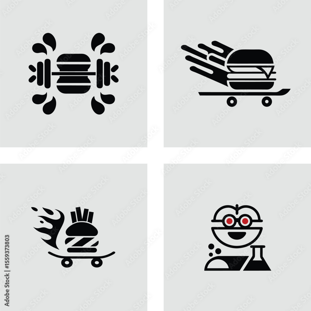 Fototapeta premium Fast Food Fitness Burger, Skateboard, and Weightlifting Icon Designs