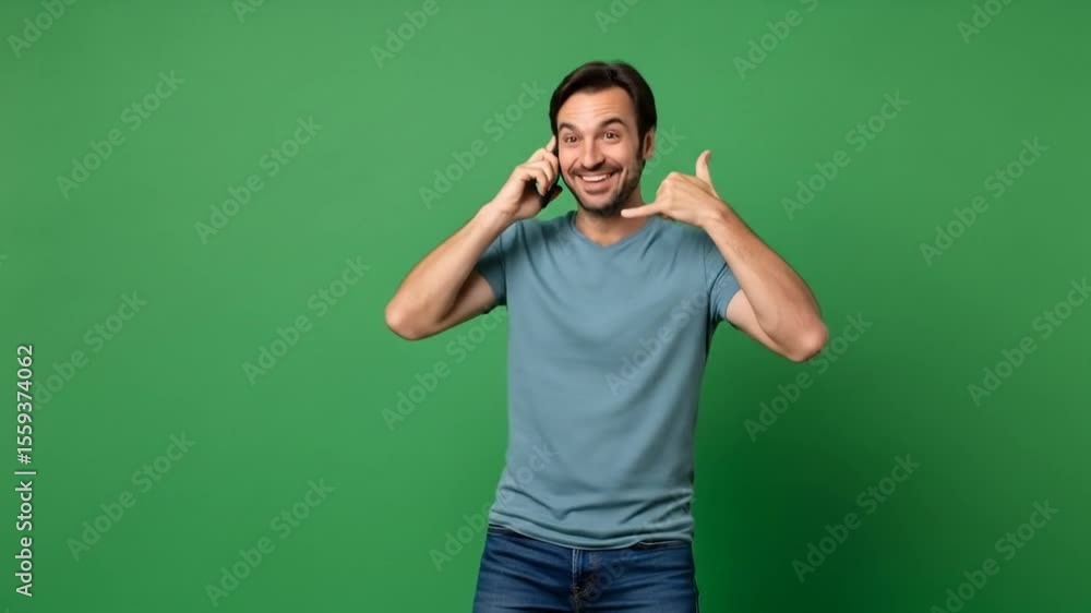 Man Talking on Phone Making Call Me Gesture on Green Screen Man Talking on Phone Making Call Me Gesture on Green Screen