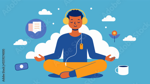 An illustration of a person with anxiety disorder using music therapy to calm their racing thoughts and promote deep relaxation by listening to a customized playlist of guided. Vector illustration