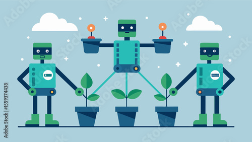 A synchronized team of robotic planters connected by a central network working seamlessly to cover large fields in a fraction of the time.. Vector illustration