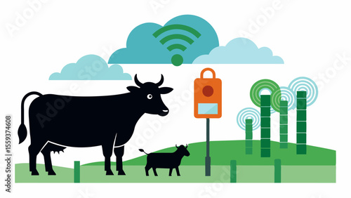 Automated tracking tags equipped with temperature sensors allow farmers to monitor livestock for signs of illness or heat stress enabling prompt intervention.. Vector illustration