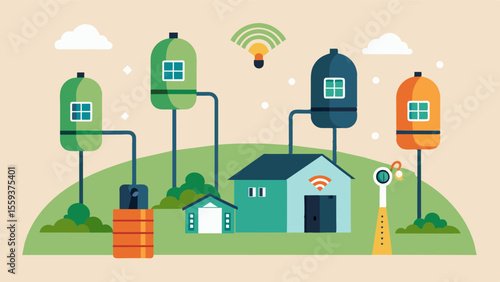 An illustration of a network of IoTenabled feed dispensers across a farm communicating information such as feed levels and usage to a central system for efficient management.. Vector illustration